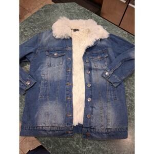 April Jeans Shaggy Long-Pile Faux Fur Lined Denim Trucker Jacket Womens SZ S